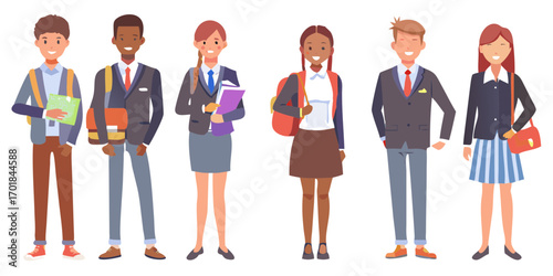 Diverse group of happy smiling students in school uniforms carrying backpacks and books
