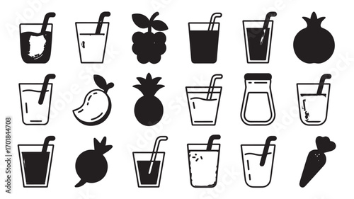 Set of fruit juice icons representing healthy lifestyle refreshment and natural ingredients