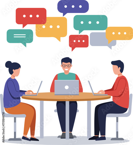 Three people sit around a round table with laptops text bubbles above their heads