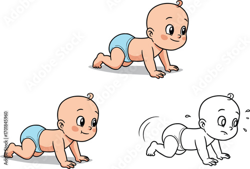 Cartoon baby crawling in playful and energetic poses, cheerful and expressive emotions, sketch and color styles, vector character design set