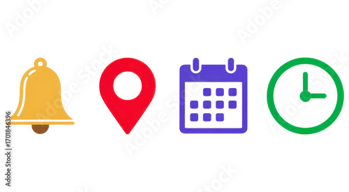 Illustration showing notification bell location pin calendar and clock icon on transparent background silhouette