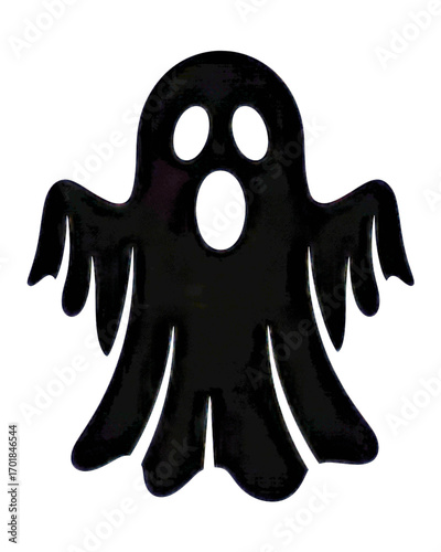 A simple black ghost with open mouth and arms raised for halloween fun on transparent background silhouette
