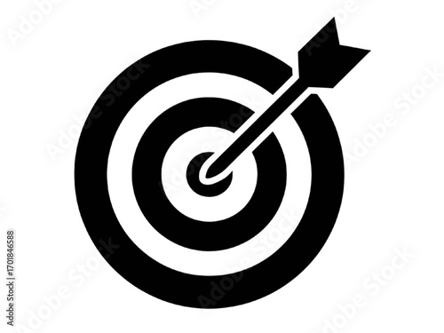 Illustration of a black target with an arrow hitting the bullseye center on transparent background silhouette
