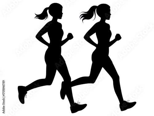 Silhouette illustration of two women running side by side in black color on transparent background