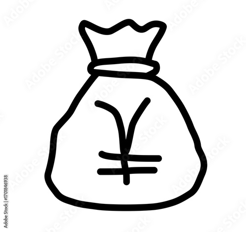 手描きの落書き 円記号付きのお金袋アイコン、富や貯蓄、有利な投資や投資の象徴、ベクターSVG