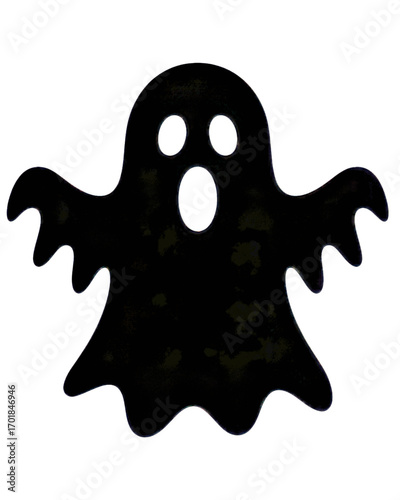 Silhouette of a black ghost with open mouth and outstretched arms on white on transparent background