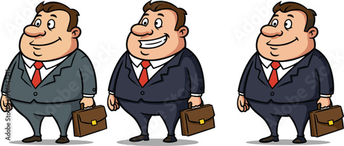 Cartoon businessman holding briefcase in different suits and expressions, professional character design, career concept vector illustration set