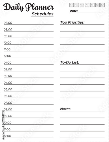 Daily Planner Printable | Hourly Schedule, To-Do List, Priorities & Notes | 8.5 x 11 Inch KDP Template | KDP book