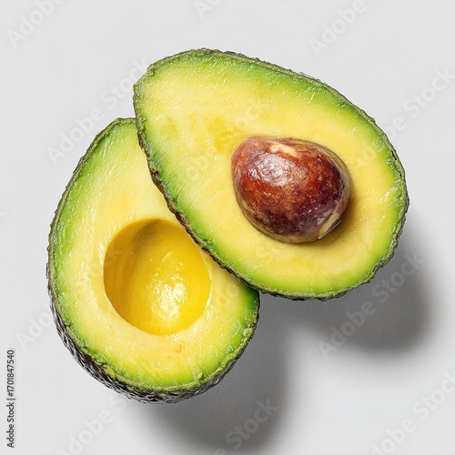 Fresh Ripe Avocado Cut in Half with Seed on White Background