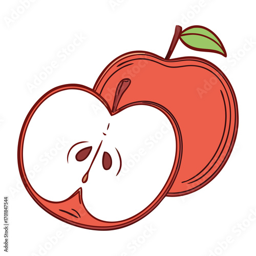 Apple Pie Slice and Whole Apples with Seeds on White Background Keywords: apple pie, whole pie, slice of