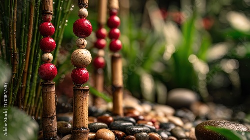 Garden Decoration with Bamboo Sticks, Stones, and Plants
