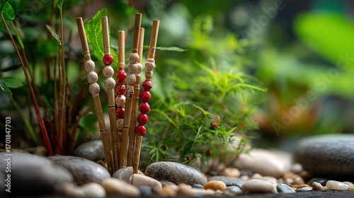 Garden Decoration with Bamboo Sticks, Stones, and Plants