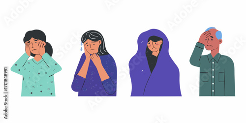 Diverse group of people expressing sadness and distress with hands on faces and heads