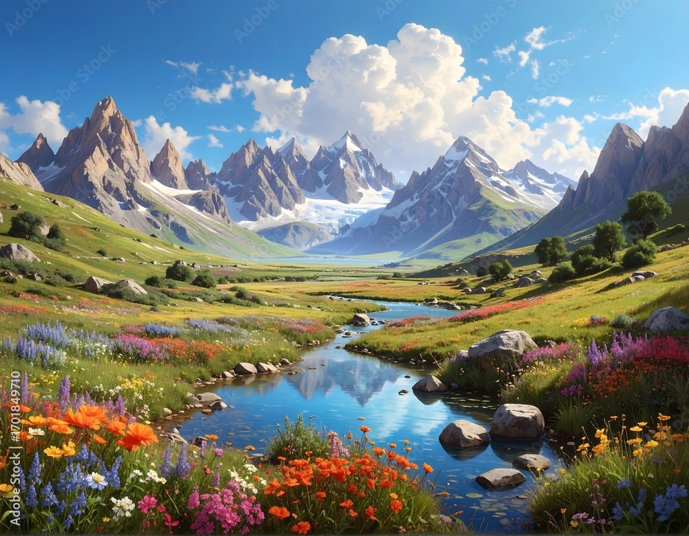 Obraz premium Discover stunning mountain scenery with a vibrant wildflower meadow river