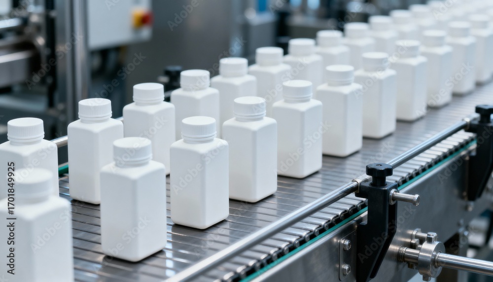 Fototapeta premium White Plastic Bottles on Conveyor Belt in Manufacturing Plant, Automated Production Line for Packaging