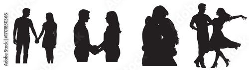 Silhouettes of couples in various stages of relationships from holding hands to dancing together elegantly