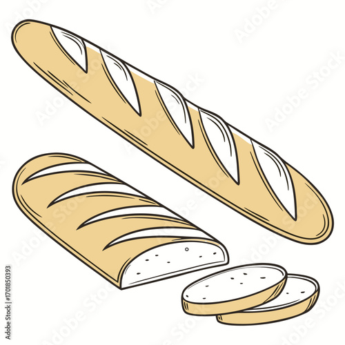 Whole baguette, sliced baguette, and three baguette slices bread bakery