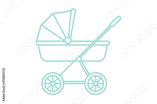 Minimalist light blue baby pram icon isolated on transparent background.