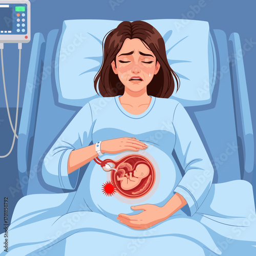 Distressed expectant mother in hospital bed cradles pregnant belly, showing fetal distress