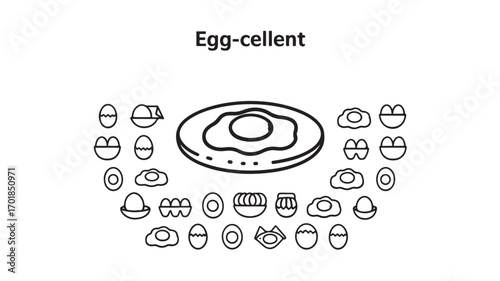 Line art illustration of fried eggs and various egg representations symbolizing breakfast food and culinary arts