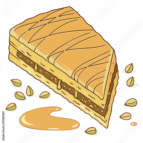 Slice of pistachio baklava with honey syrup and pistachios dessert sweet