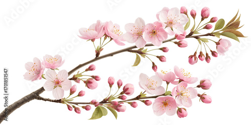 Beautiful cherry blossom branch with pink flowers and buds captured in spring, showcasing nature's delicate beauty and vibrant colors