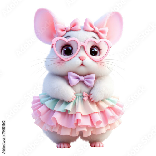 Adorable White Mouse in Pink Heart Glasses and Ruffled Dress.