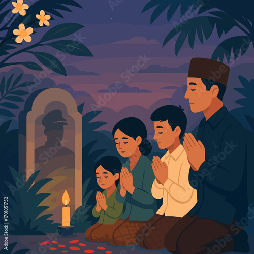 Family Praying at Gravesite, Remembrance Day, Indonesia