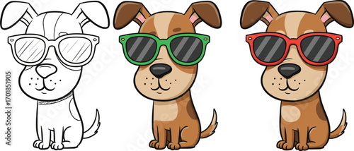 Cartoon dog with sunglasses, sketch to full color stages, character development process, vector illustration set, pet design transition artwork