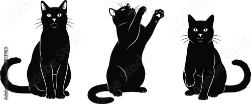 Black cat silhouettes, expressive feline poses, sitting reaching lifting, playful pet icons, animal behavior vector, artistic posture illustration set