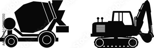 Construction vehicle silhouettes, cement mixer truck, excavator machine, heavy equipment, industrial icon, black vector, building site, machinery, isolated, graphic