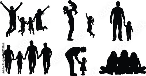 Family silhouettes, parent child interaction, bonding moments, walking holding hands, joyful jumping, sitting together, black vector icons, emotional connection
