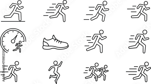 Running icons, speed symbols, athletic motion, fast movement, race silhouettes, fitness graphics, sprint elements, dynamic vector set, black white style