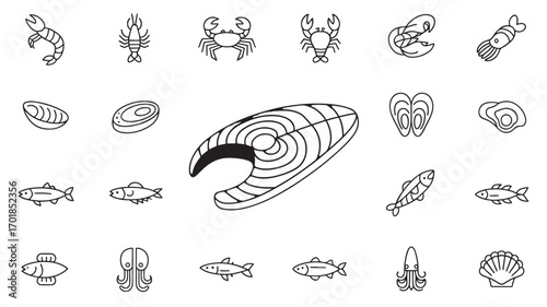 Line icons of various seafood including fish shrimp crab lobster and shellfish perfect for restaurant menus seafood markets or culinary websites