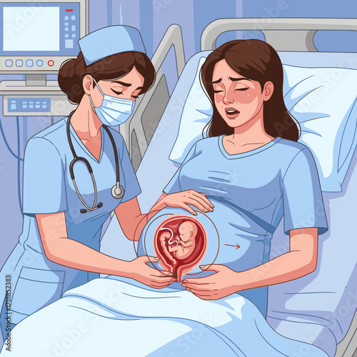 Pregnant woman in labor receiving care and ultrasound from nurse in hospital room setting