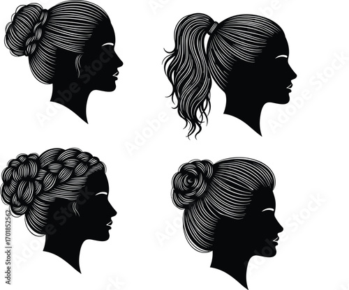 Women hairstyles, silhouette, black and white, profile view, braided bun, ponytail, floral bun, updo, elegant, fashion, beauty, vector, ink style, minimal, artistic, hair design, stylish, texture