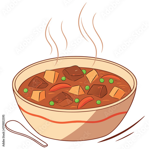 Hot Bowl of Stew with Meat, Vegetables and Spoon on White Background soup food