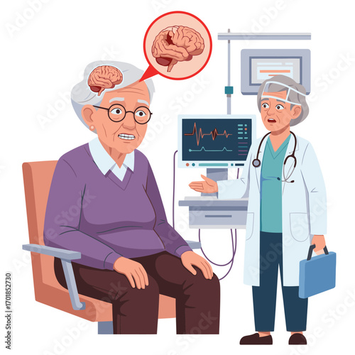Worried elderly patient consults doctor about brain health concerns with medical monitor nearby