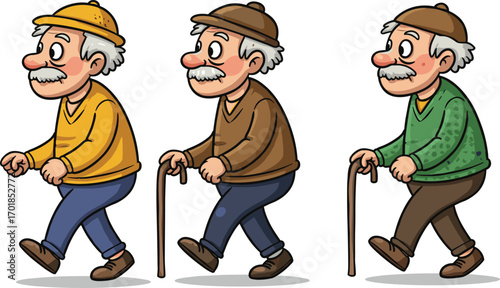 Cartoon elderly men walking with canes, cheerful expressions, fashion variations, senior mobility, character design set, aging lifestyle vector illustration