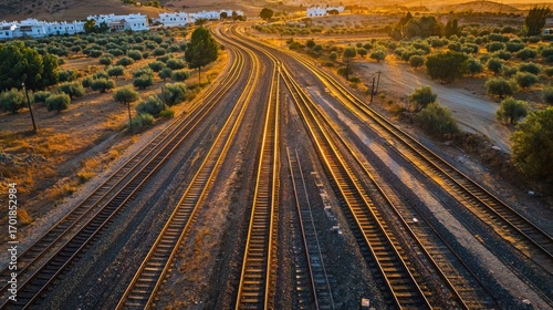 Spanish railway infrastructure captured from above displaying intersecting rail lines curving through Mediterranean terrain dotted with olive groves and characteristic white village architecture