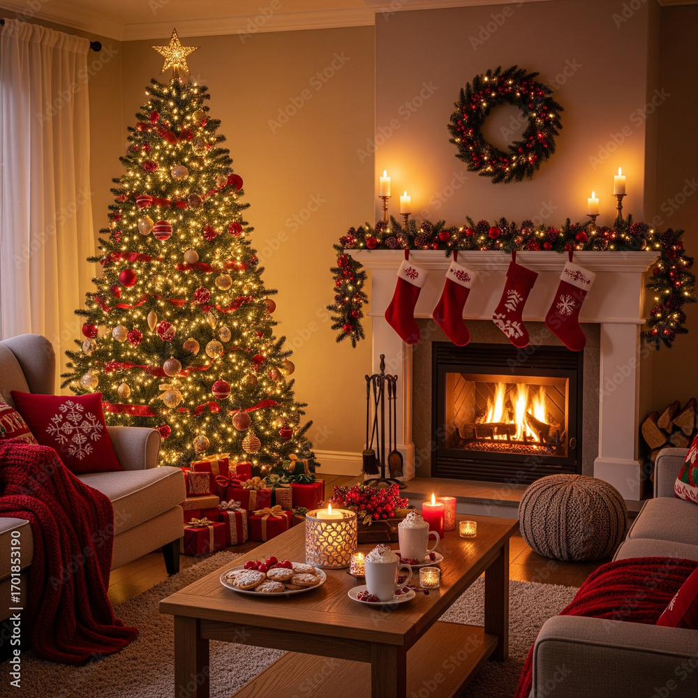 Obraz premium Cozy Christmas living room interior with decorated tree