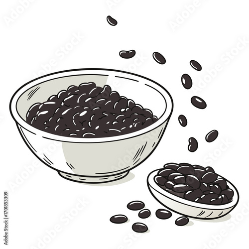 Black Beans Poured From Bowl and Small Dish Isolated on White legumes food