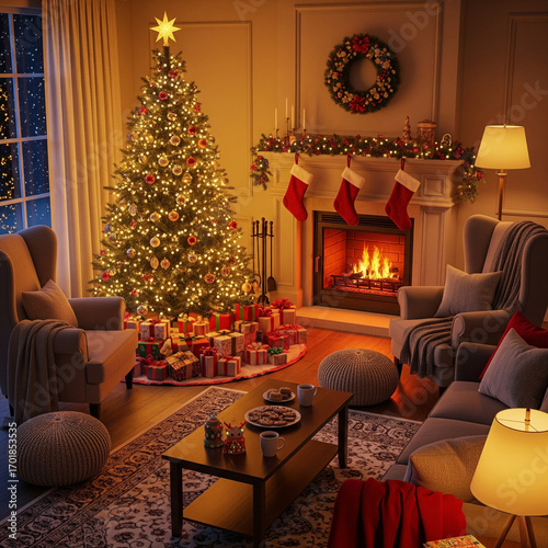 Cozy Christmas living room interior with decorated tree