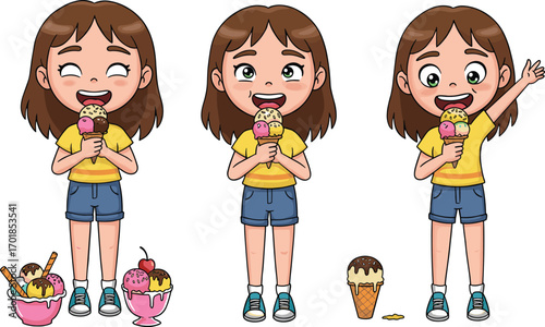Cartoon girl enjoying ice cream in three stages, smiling expressions, melting dessert, summer treat character design vector illustration set