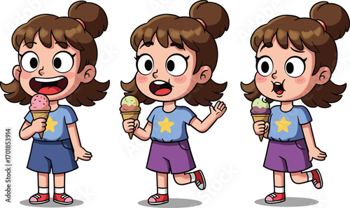 Cartoon girl holding ice cream in playful poses, smiling expressions, summer treat character design, vector illustration set for kids