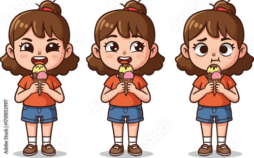 Cartoon girl holding ice cream with happy and sad expressions, emotional reactions, summer treat character design vector illustration set