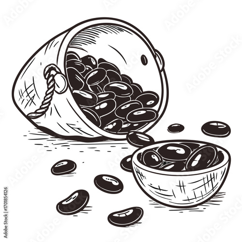 Black Beans Spilling from a Bucket into a Bowl legumes dry beans