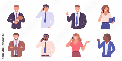 Diverse group of business professionals in suits and business attire communicating and working