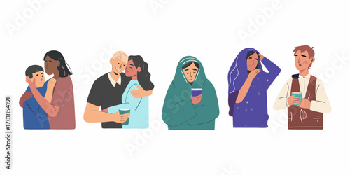 Diverse group of people in various emotional states and relationships showing comfort and connection