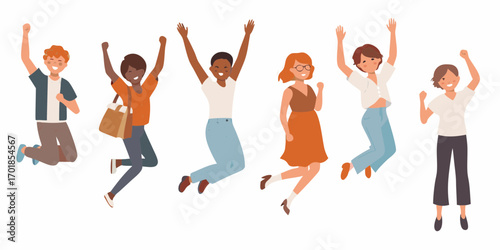 Diverse group of happy people jumping and celebrating together with arms raised in the air